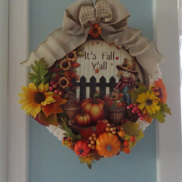 Wreath Sign It's Fall Y'all Yarn wrapped, Big Bow Autumn Decor 14” - Picture 1 of 7